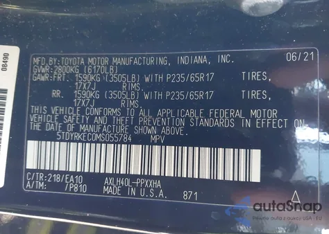 2021 Toyota Sienna Xle from USA, damaged, VIN 5TDYRKEC0MS055784